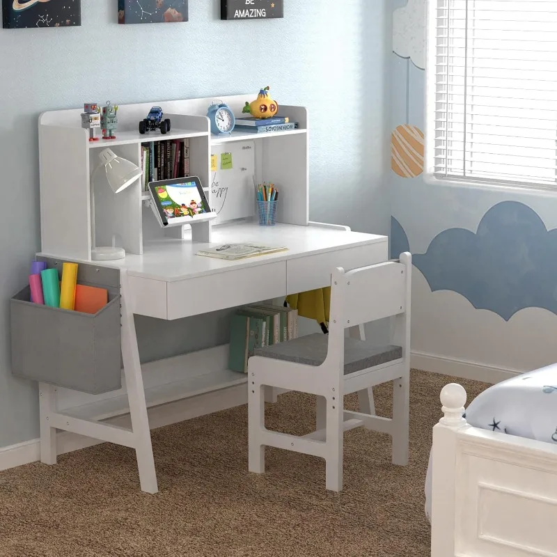 GDLF Kids Study Desk and Chair Set, Adjustable Children Study Table with Chair, Kids Wooden Desk with Hutch, Drawers, Book Stand view 2