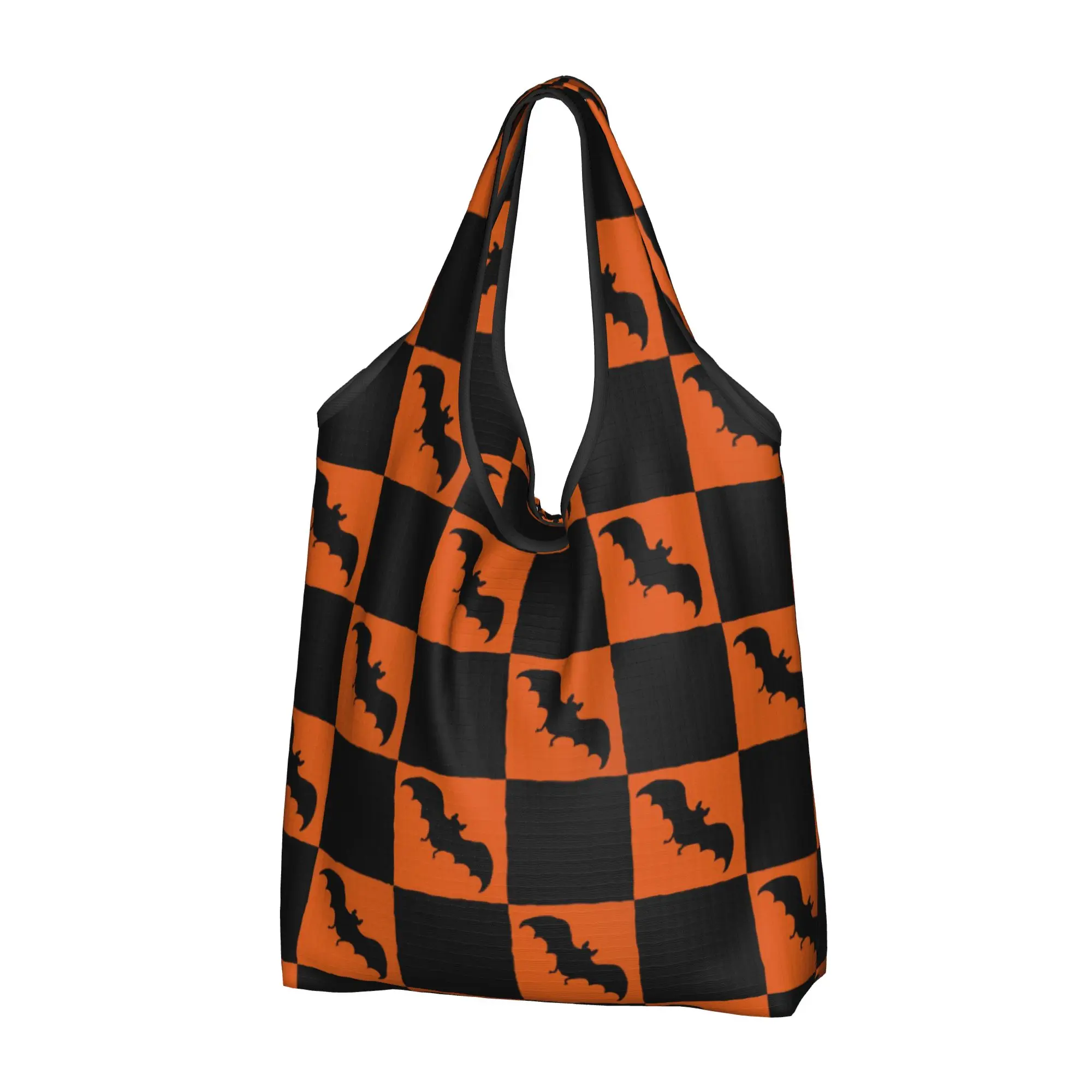 Bats Checkerboard Black And Burnt Orange Grocery Shopping Bag Cute Shopper Tote Shoulder Bag Big Capacity Cute Animal  Handbag