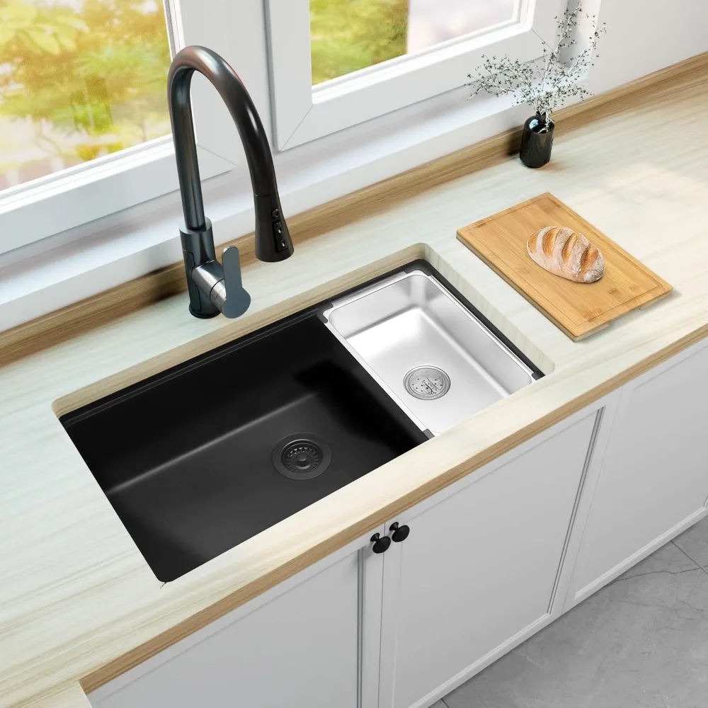 Black Kitchen Sink, 32''×18'' Black Undermount Kitchen Sinks, Workstation Sink Black, Large Granite Composite Kitchen Sink