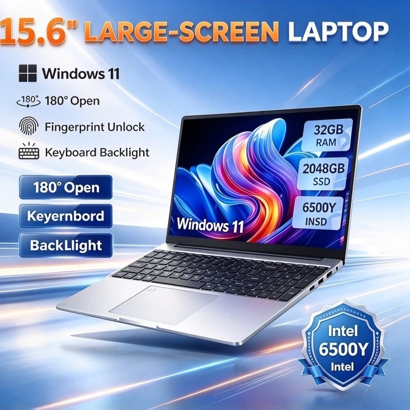 Large-Screen 15.6Inch Laptop 32GB RAM 1TB 2TB SSD Intel 6500Y Office Windows Notebook 5000mAh Gamer PC with Backlit Fingerprint