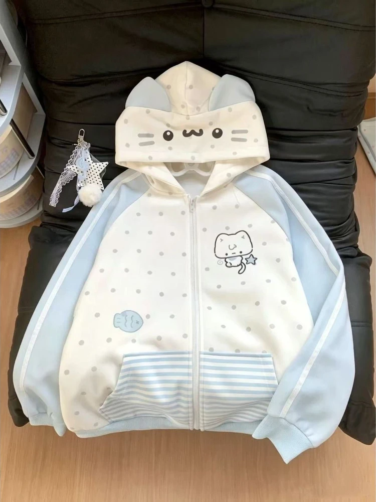 Japanese Sweet Polka Dot Stripe Cat Ear Hooded Coat Women Kawaii Fashion Loose Sweatshirt Coat Autumn Casual Cute Coat New