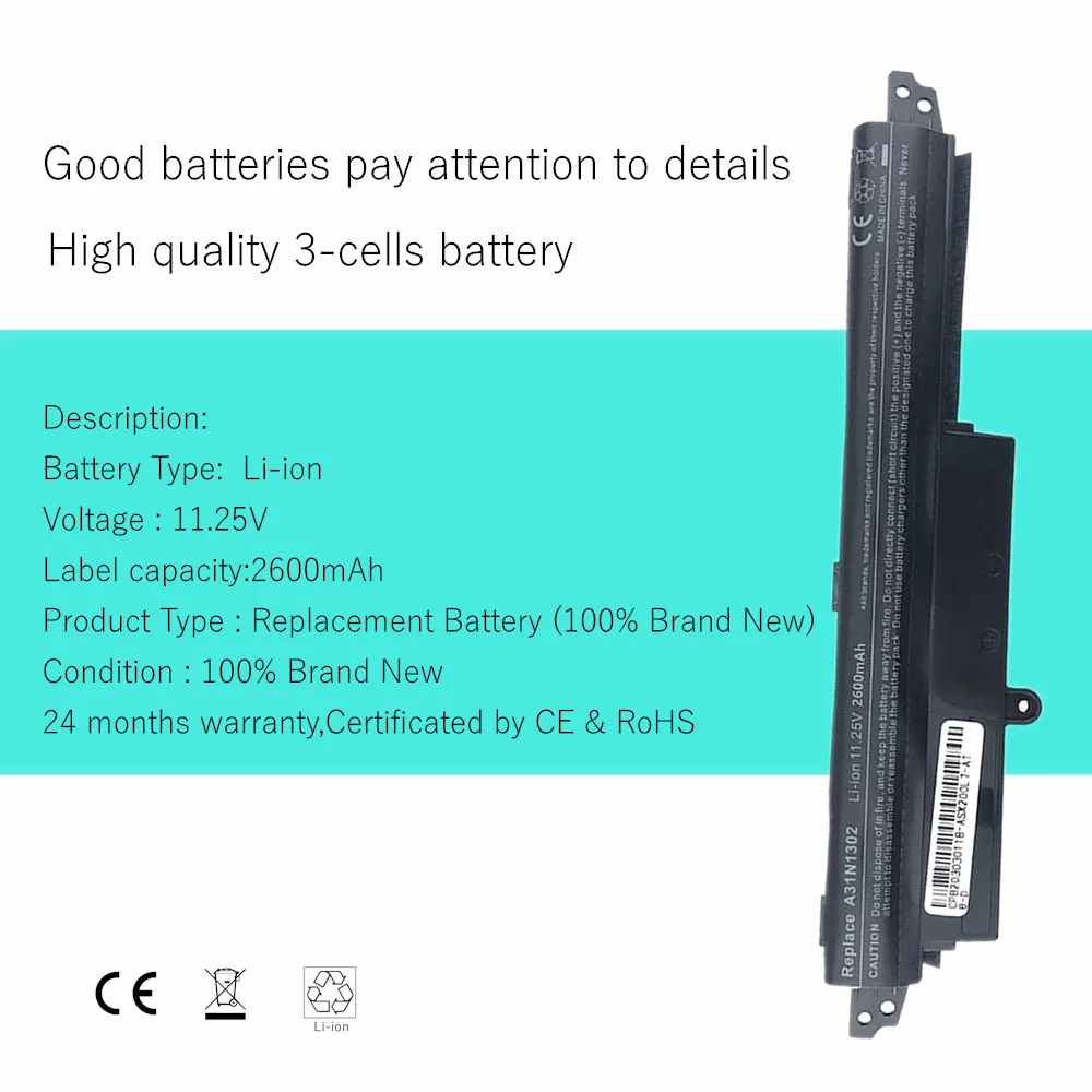 แบตเตอรี่แล็ปท็อปสําหรับ ASUS VivoBook X200CA A31N1302 F200CA A31LMH2 R200CA R202CA X200MA X200M X200LA A31LM9H F200M F200MA 11.6"