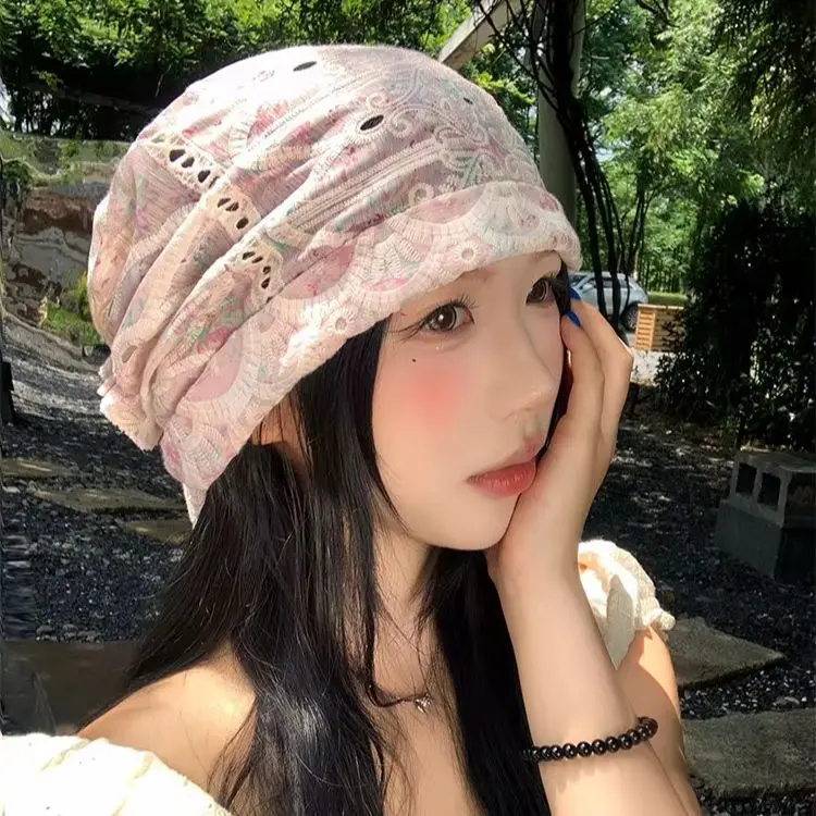 Pink Lace Floral Openwork Tie-Back Headband Hat Women: Lightweight Summer Headscarf, Puffy Hat, Sweet Versatile Pull-Over Hat