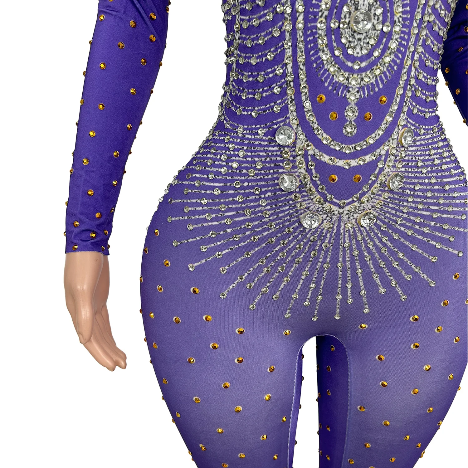 Shining Silver Rhinestone Jumpsuit Skin Tone Patchwork Mesh Hollow Top Halloween Christmas Theme Dance Party Dress zijin