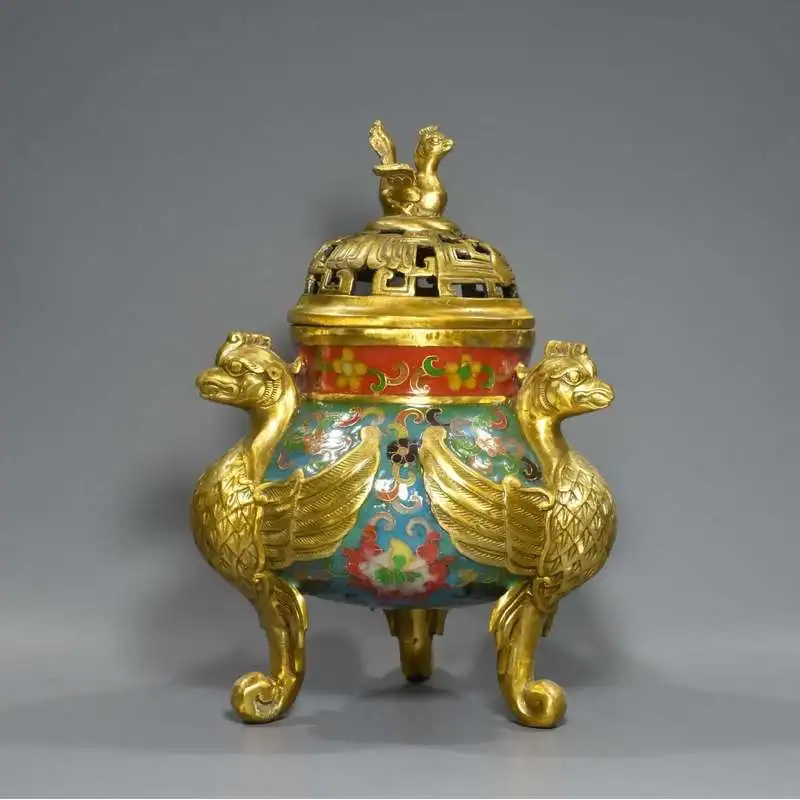 Copper-bodied cloisonné incense burner with flying beasts, vintage cloisonné enamel craft Ornaments