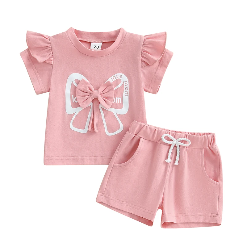 

Toddler Girls Summer Outfit Cute Bow Ruffles Short Sleeve T-Shirt and Elastic Shorts Set 2 Piece Clothes