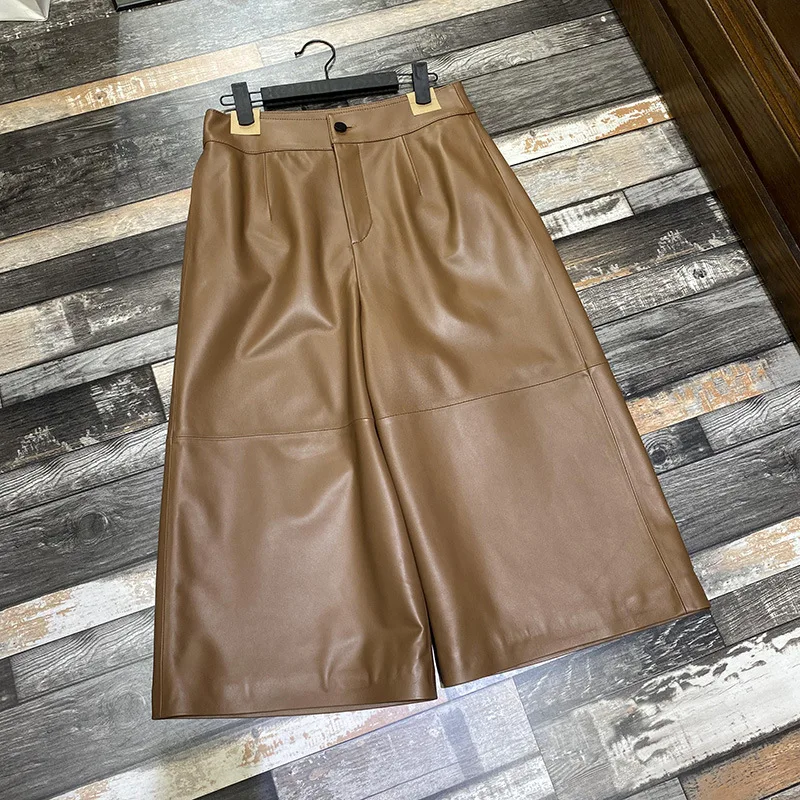 Leder Cropped Hosen Für Frauen 2023 Frühling Mode Koreanische Kleidung Dünne Breite Bein Kalb Lange Schaffell Schwarze Hose Streetwear