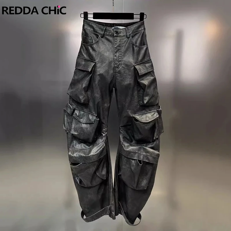 

REDDACHIC Multi-pocket Leather Cargo Pants Men Moto Biker Distressed PU Oversized Wide Leg Pants Loose Casual Harajuku Work Wear