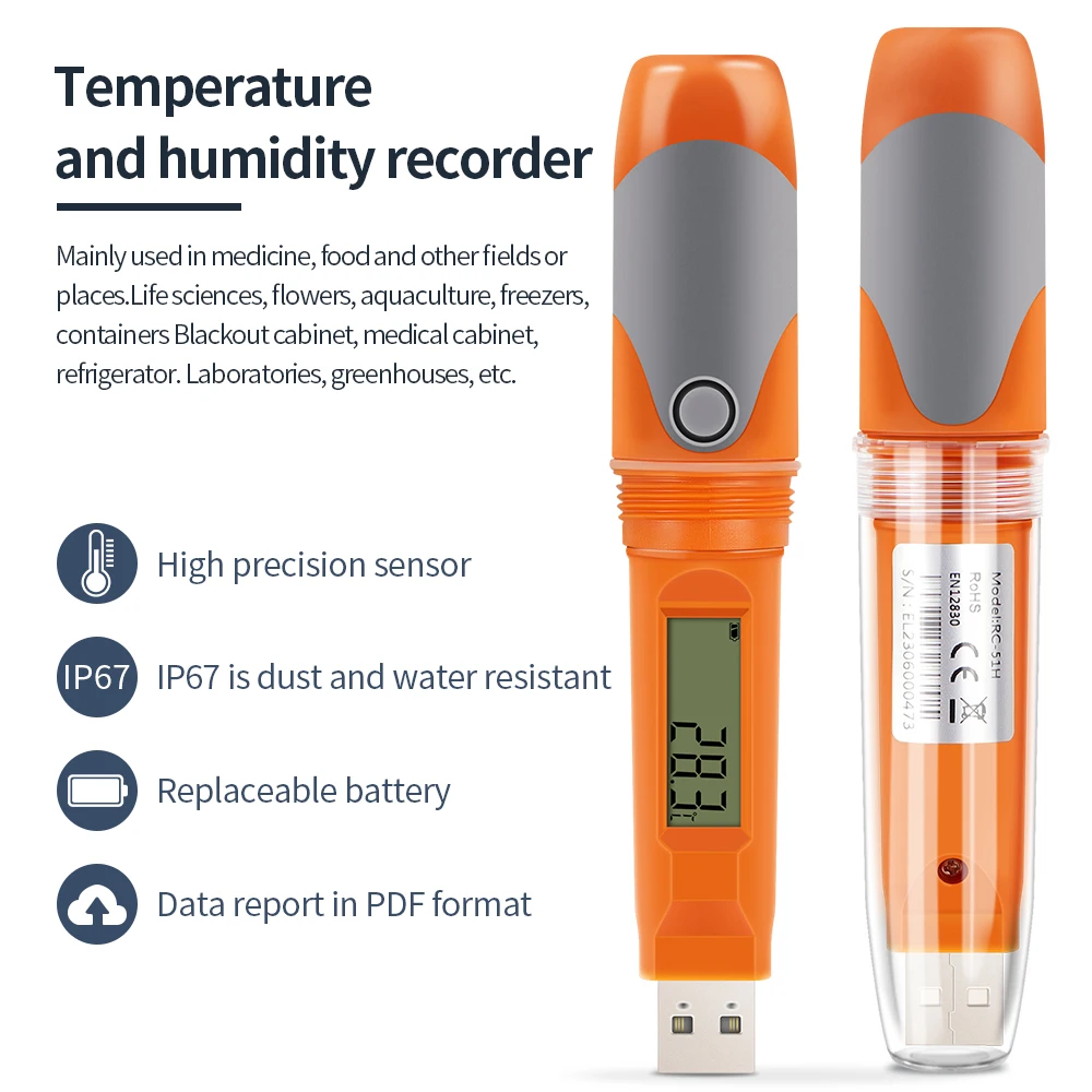 RC-51H Waterproof USB Temperature and Humidity Data Logger Auto PDF Temperature Record For Cold Chain Replaceable Battery