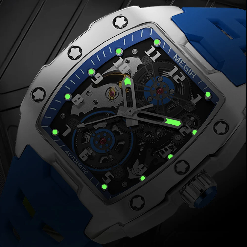 MEGIR Fashion Sport Custodia in lega da uomo Orologio meccanico Cinturino in silicone impermeabile Quadrante a forma di botte Puntatore luminoso Orologi da polso da uomo