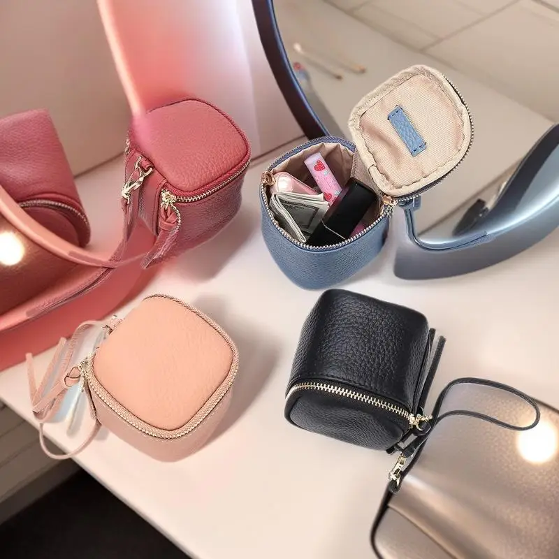Vintage Leather Cosmetic Bag Lipstick Change Storage Bag Portable Travel Storage Bucket Personality Mini Round Coin Purse