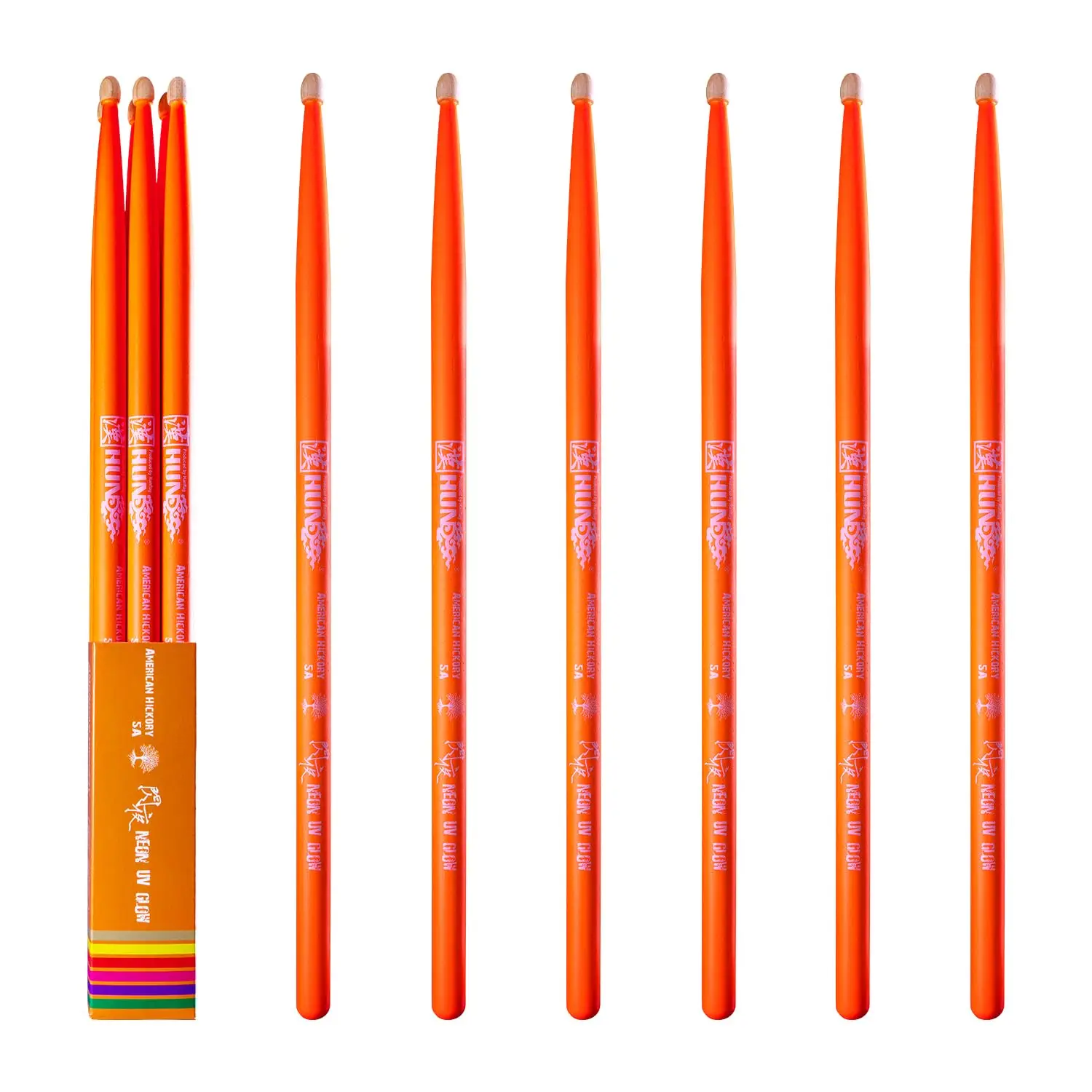 Orange Color 5A Neon UV Glow Drumsticks   Pairs Hickory Wood Weight and Pitch Matched for Balanced Feel Glows under Black Light