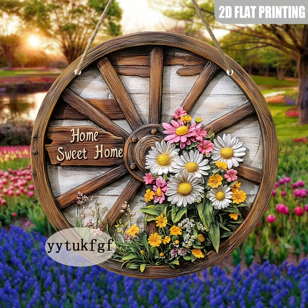 2D Flat, 1pc Daisy Wheel Sweet Home Decorative Sign - Retro Wooden Wall Art with Vibrant Floral Design, 8x8 Inch Rustic Home Dec