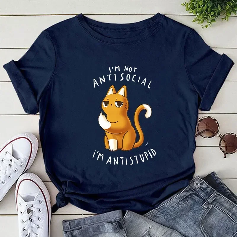 Camisetas casuais senhoras eu não sou antisocial eu sou antistupido tendência estética verão roupas femininas tshirt topos feminino gato dos desenhos animados tshirt