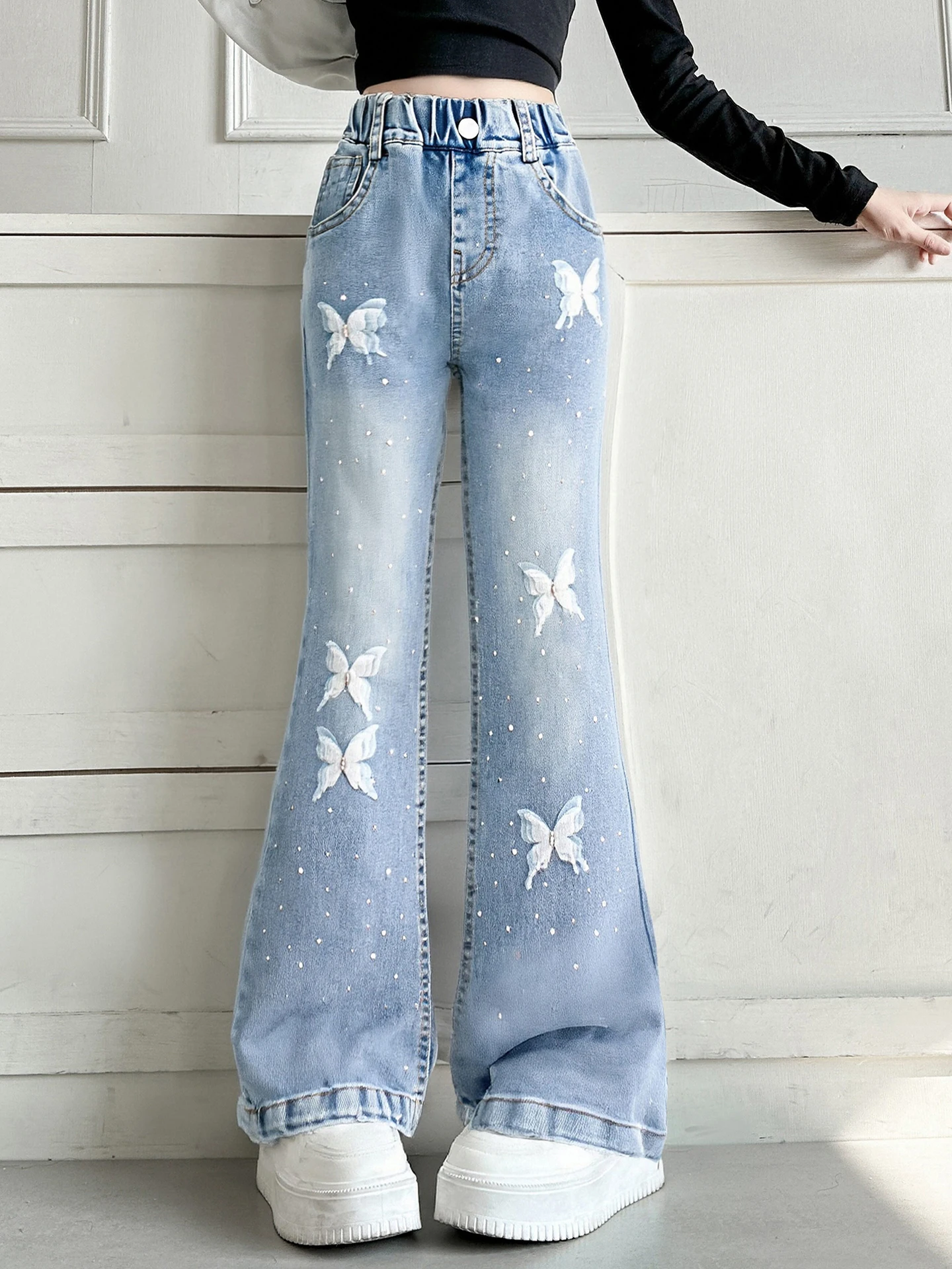 

Spring Faion Bright Diamond Flared Jeans Girls' Denim Pants High Waist Button Closure Spring Autumn Sles