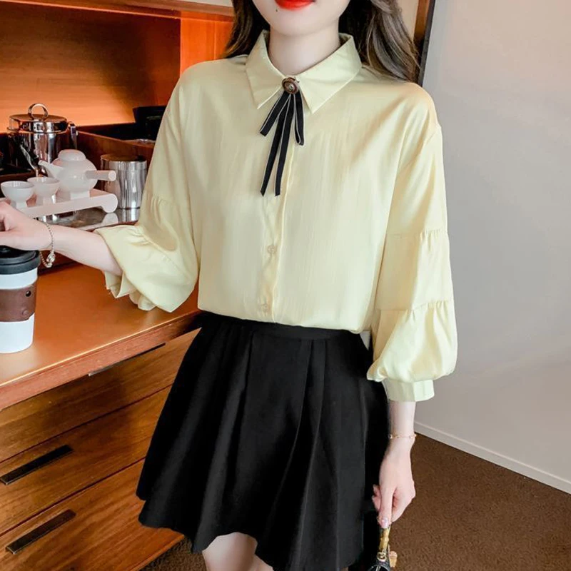 Women Korean Bow Sweet Kawaii Shirts Spring Summer Solid 3/4 Sleeve Loose Elegant Blouses Chic Casual Tops Blusa Mujer Moda 2023