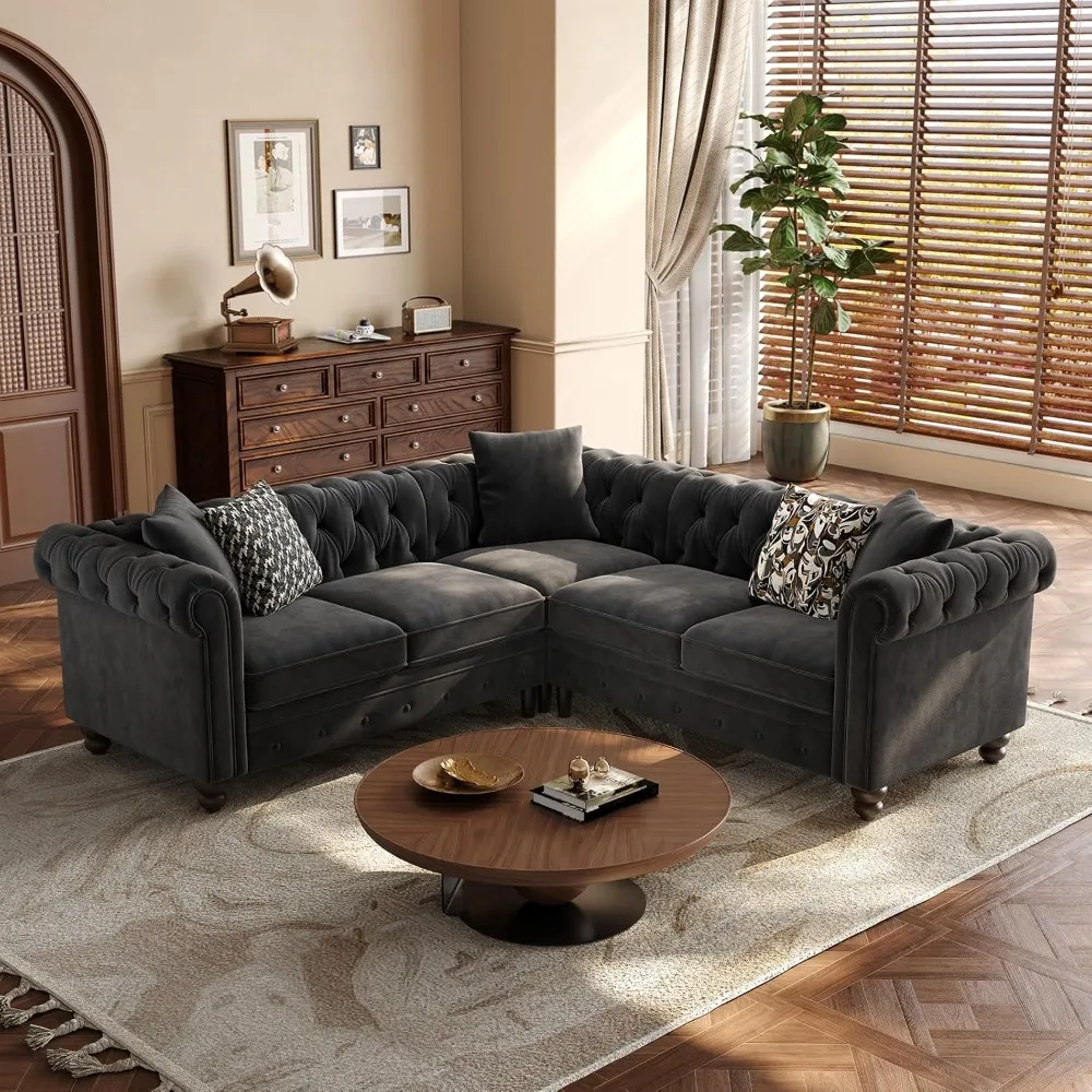 

Chesterfield L Shaped Sofa, Velvet Sectional Couches for Living Room, Tufted Corner Couch with Rolled Arms, 3 Throw