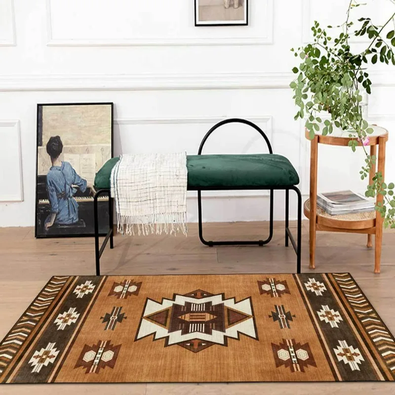 New Indian Earthy Yellow Brown Minimalist Geometric Ethnic Style Living Room Bedroom Bedside Carpet Floor Mat