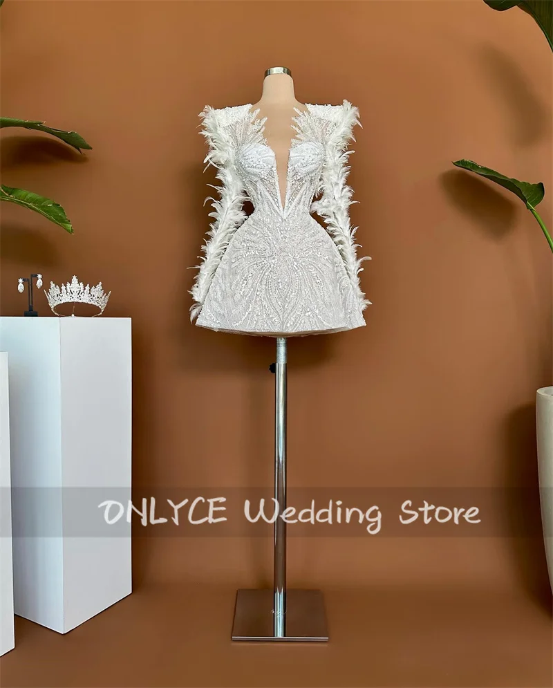 Sexy Sparkly Beading Prom Dresses  Long Sleeves Glitter Beads Crystal Feathers Birthday Party Gowns Cocktail Gown  Customized