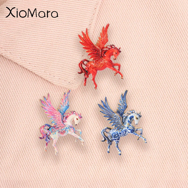 Fantasy Pegasus Enamel Pins Mythical Winged Flying Horse Retro Floral Blue White Porcelain Brooches Animal Badge Jewelry Gifts