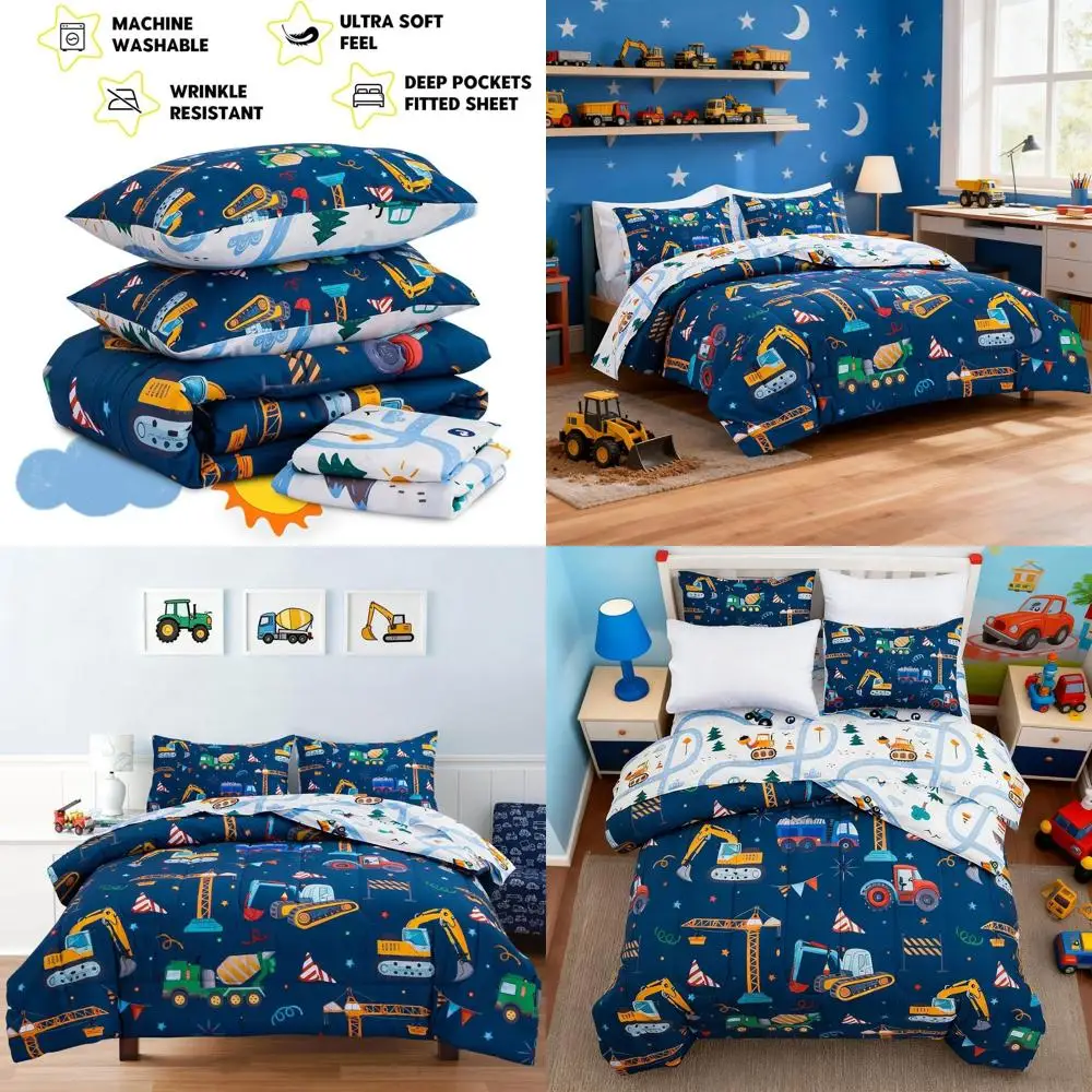 

Full-Size Kids Cartoon Construction Vehicle Bedding Set with Sheets, 5-Piece Navy Blue Excavator Theme for Boys