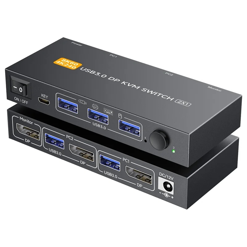 

AT82-New 2 Computer 1 Monitor DP KVM Switch With Displayport 8K@ 60Hz USB 3.0 Ports For Shared Mouse Keyboard And Display