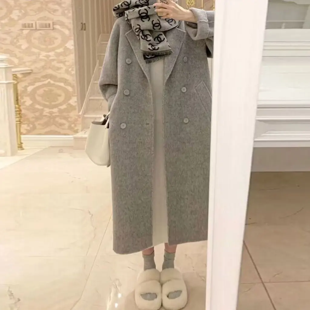 

Women's High-End Cashmere Outwear Double-Sided Woolen Mid-Length Korean Style Loose Elegant Autumn Winter Jacket