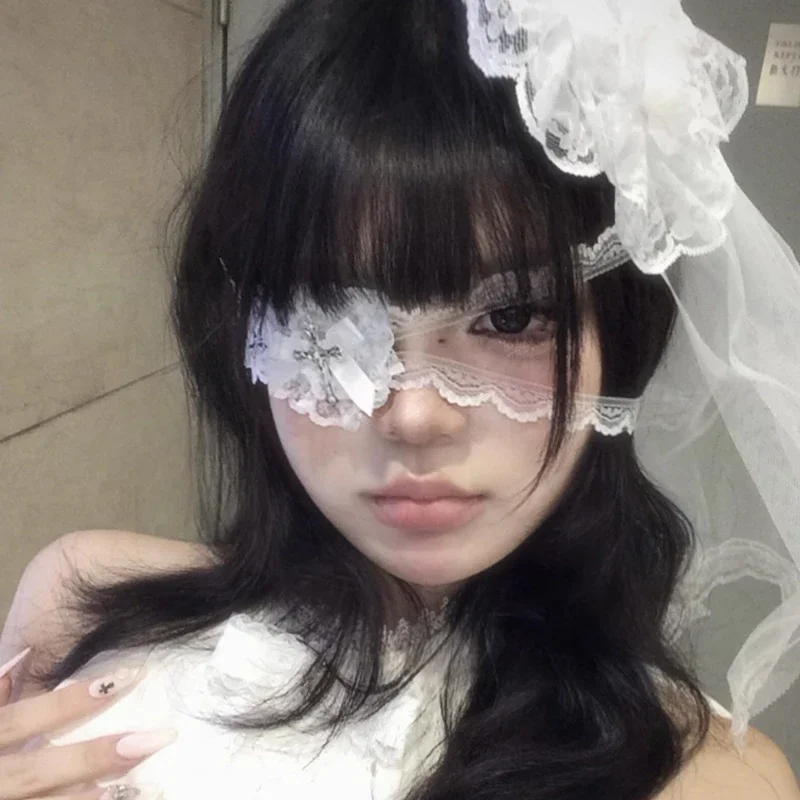 Black White Cross Eye Mask Women Lolita Heart Bowknot Lace Necklace Eye Patch Gothic Vibe Eyewear Punk Cosplay Party Accessories