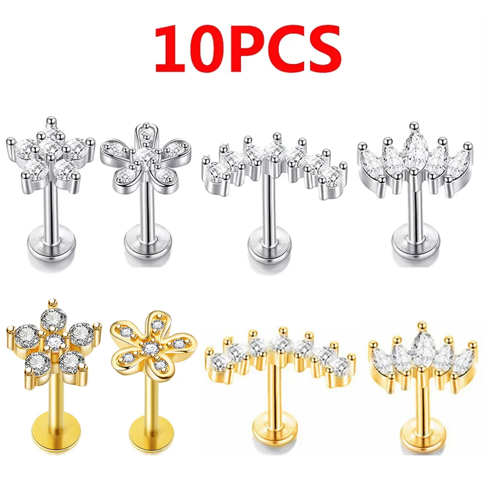 10pcs Stainless Steel Cross Flower Petal Zirconia Stud Earring for Women  Tragus Helix Piercings Labret Lip Stud Brincos 