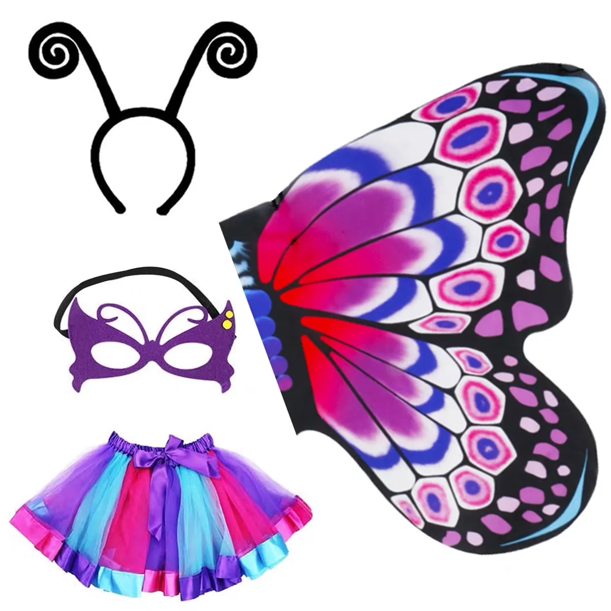 4 pieces of colorful children\'s and girls butterfly princess costume set, stage costumesheadbandsmasksrabbit skirts