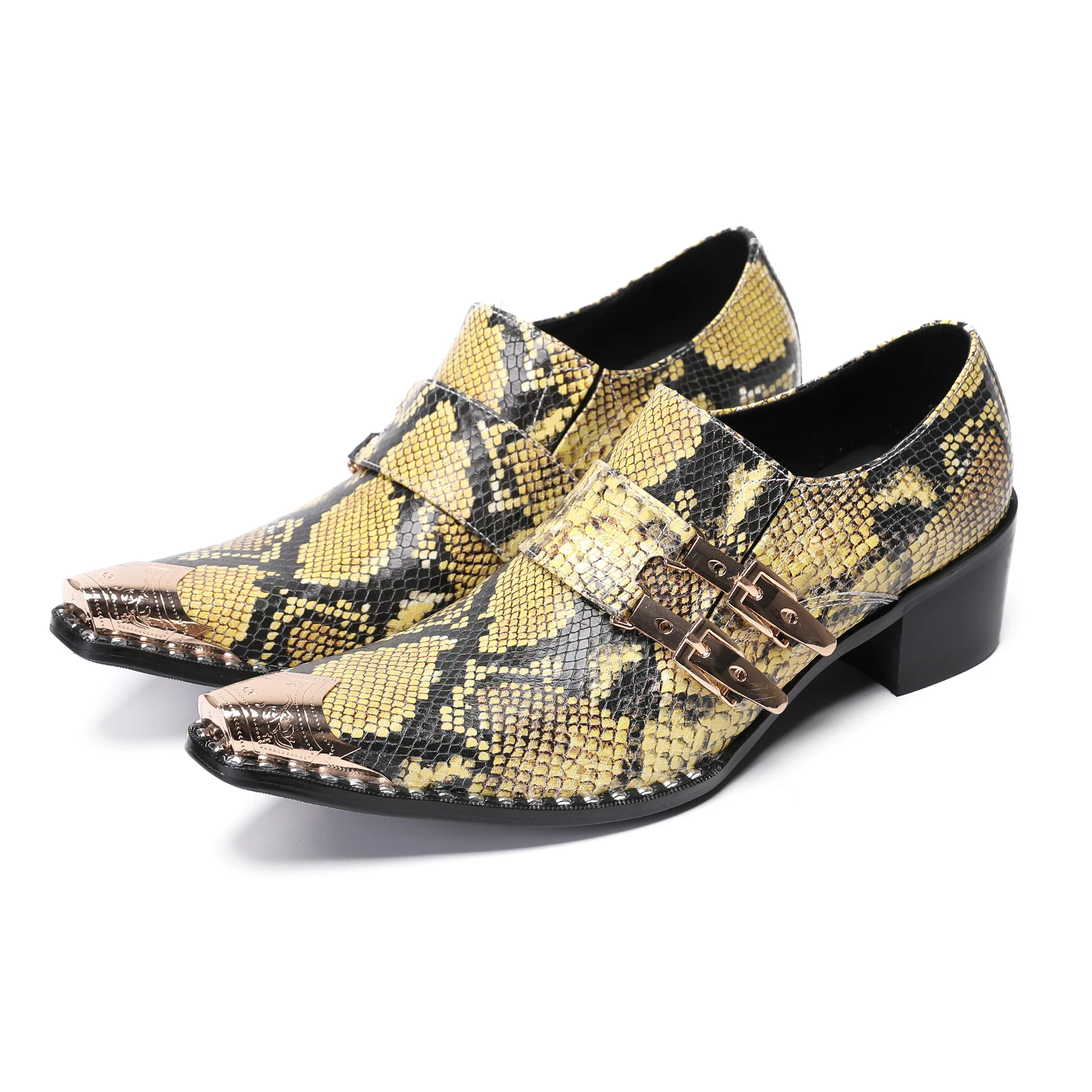 

Brand men's leather shoes, double buckle snake skin high heels, slip on soft loafers, formal wedding and party dress shoes
