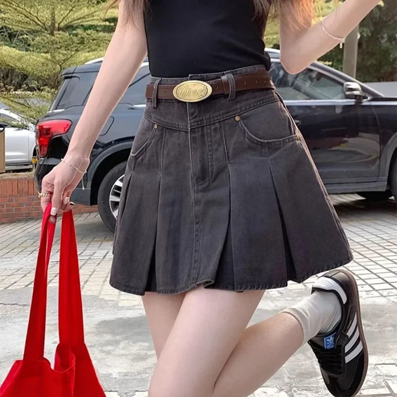 Vintage Denim Shorts Summer High Waist Girl's Slim Hip A- Line Short Skirt Pleated Korean Style Skirt High Quality Grey y2k