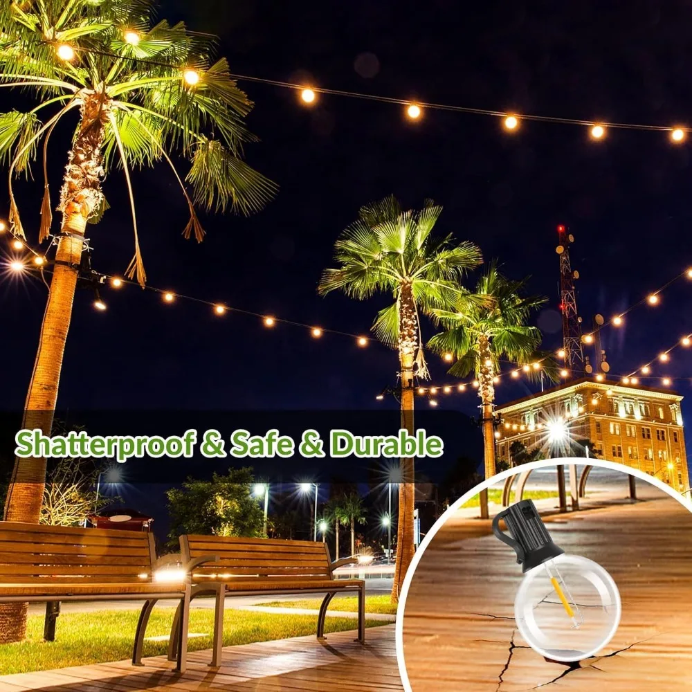Lakumu 100FT G40 Luces de cadena con energía solar, luces de globo impermeables para exteriores con 36 bombillas LED, blanco cálido 2700K