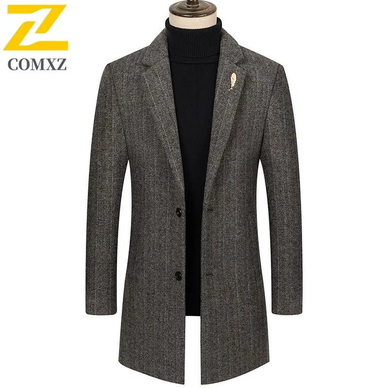 

COMXZ Winter Wool Overcoat Men Longline Herringbone Wool Coat Slim Fit Casual Cotton Lined Thick Woolen lightweight windbreaker