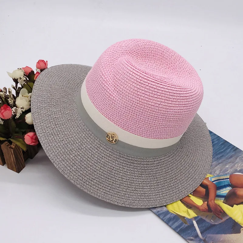 2022 High-end High-quality Ladies Wide-brimmed Jazz Hat Straw Hat Pink Gray Stitching Sunscreen Casual Sunshade Straw Hat