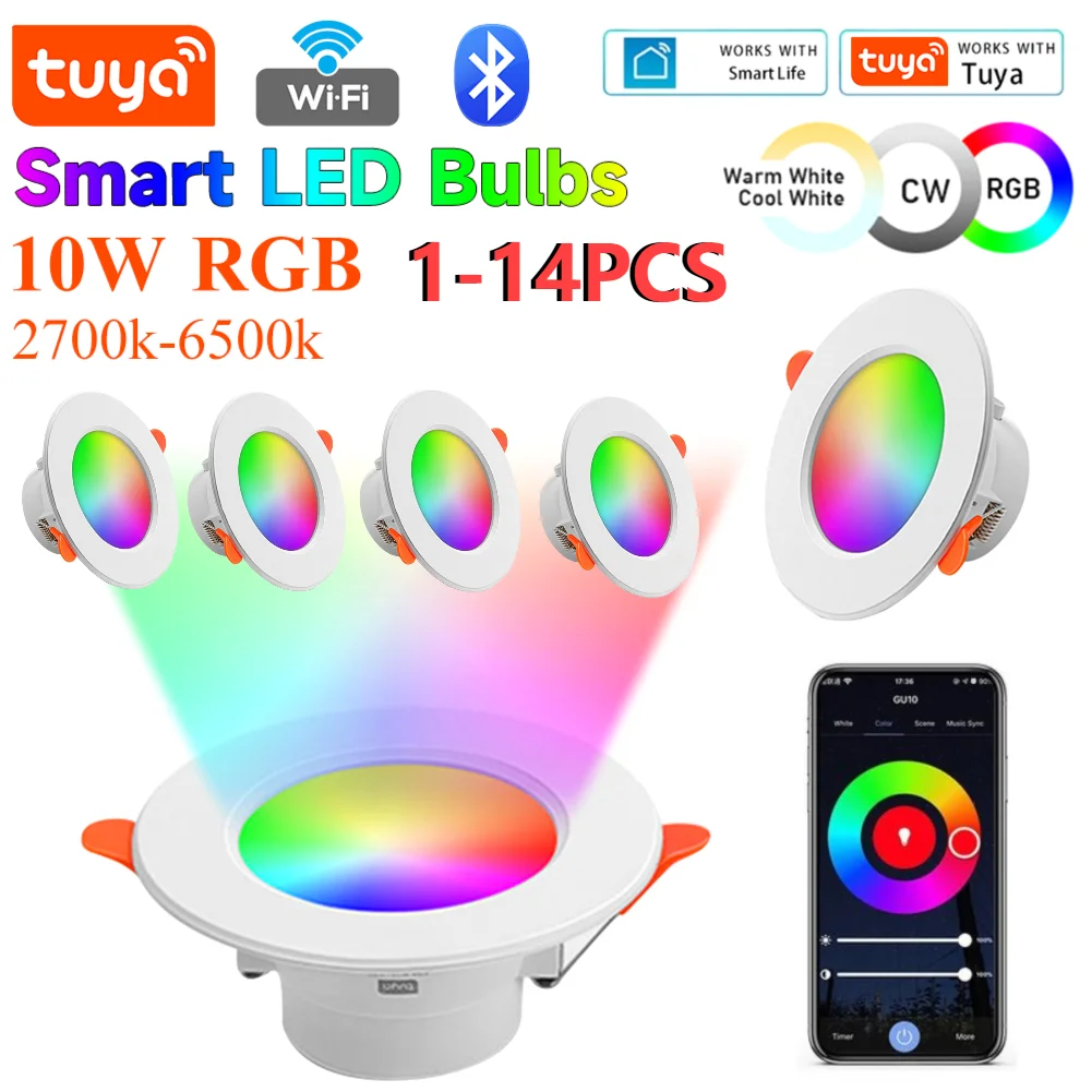 1-14 Buah Lampu Downlight LED Pintar 10W Lampu Langit-langit Tersembunyi Kompatibel dengan Bluetooth Lampu Panel Bulat Dapat Diredupkan untuk Dekorasi Ruang Tamu Rumah