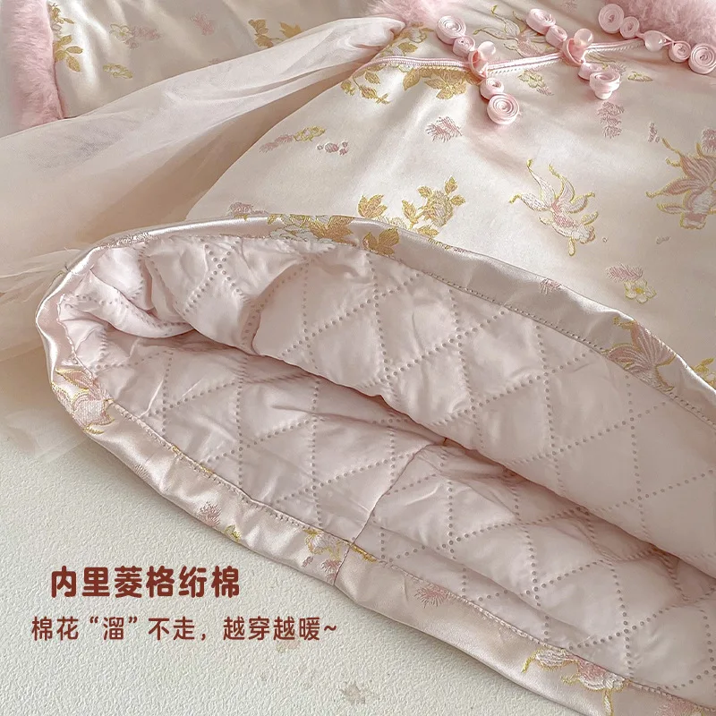 ملابس الفتيات الاحتفالية للعام الجديد 2025 فستان شتوي جديد للأطفال على الطراز الصيني بياقة مائلة من القطن تنورة للأطفال