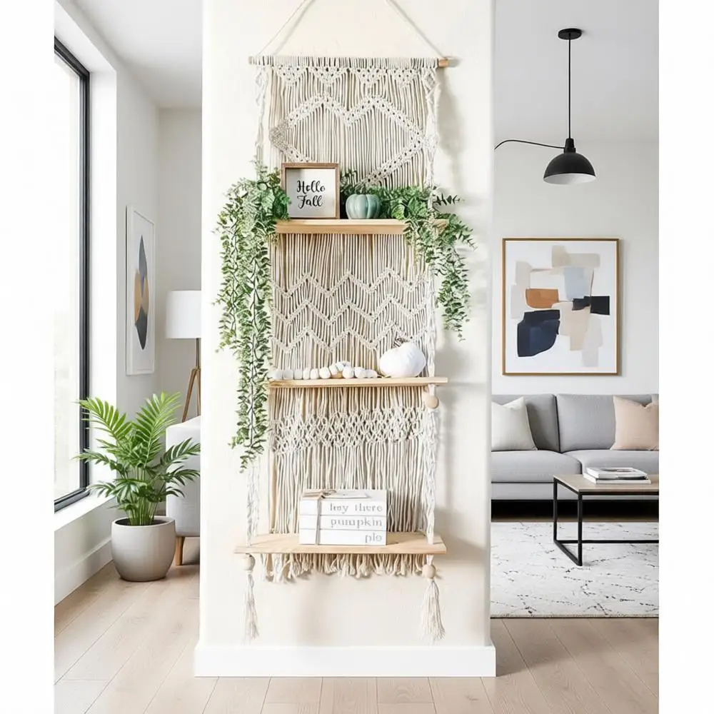 

3-Tier Handwoven Rope Wall Plant Hanger - Boho Style Pine Wood Shelves for Home, Kitchen, and Bathroom Storage