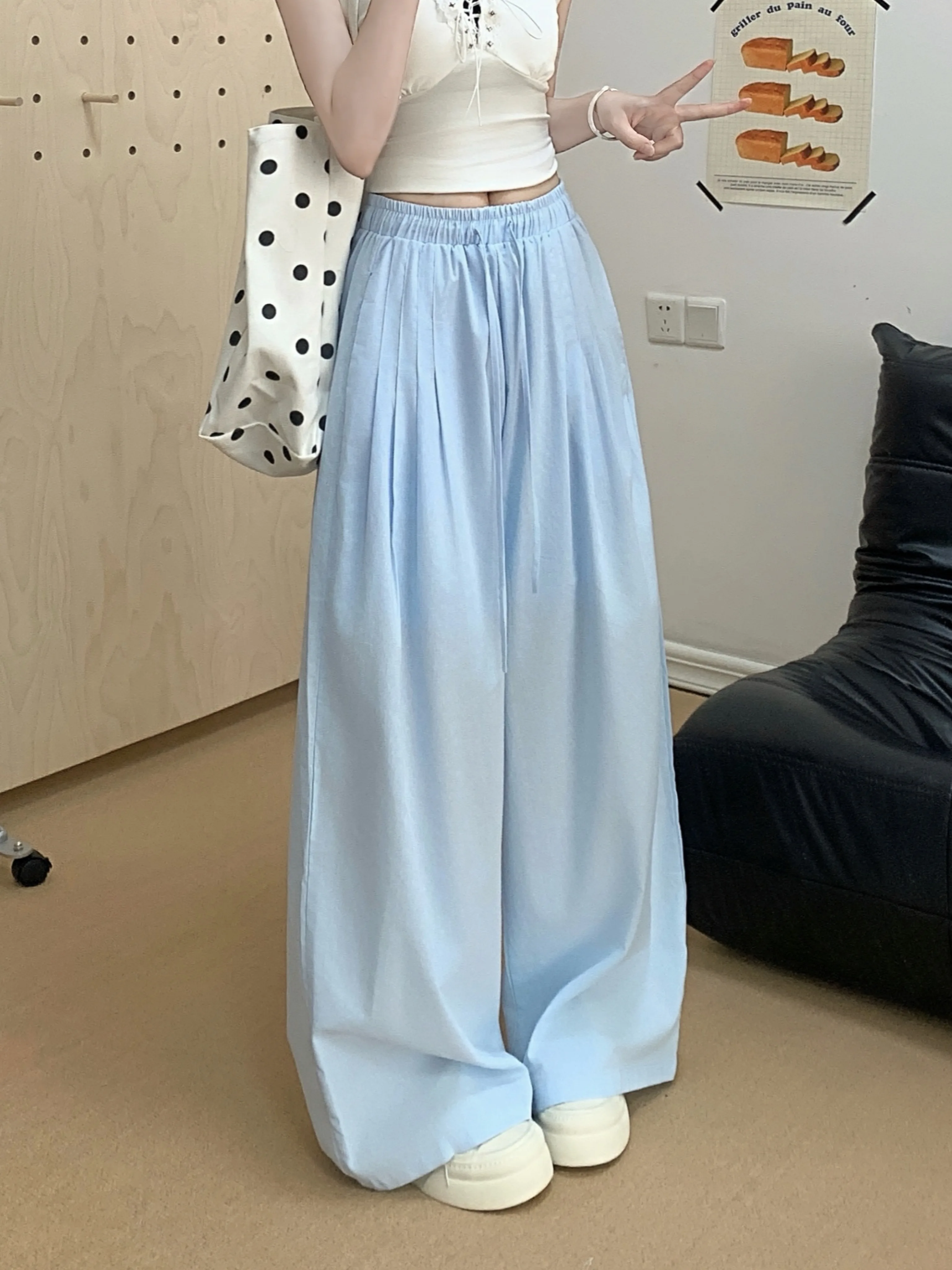 

Blue Casual Wide Leg Pants Women's Summer New Lightweight Loose Fit High Waist Slimming Belted Floor-Length Trousers