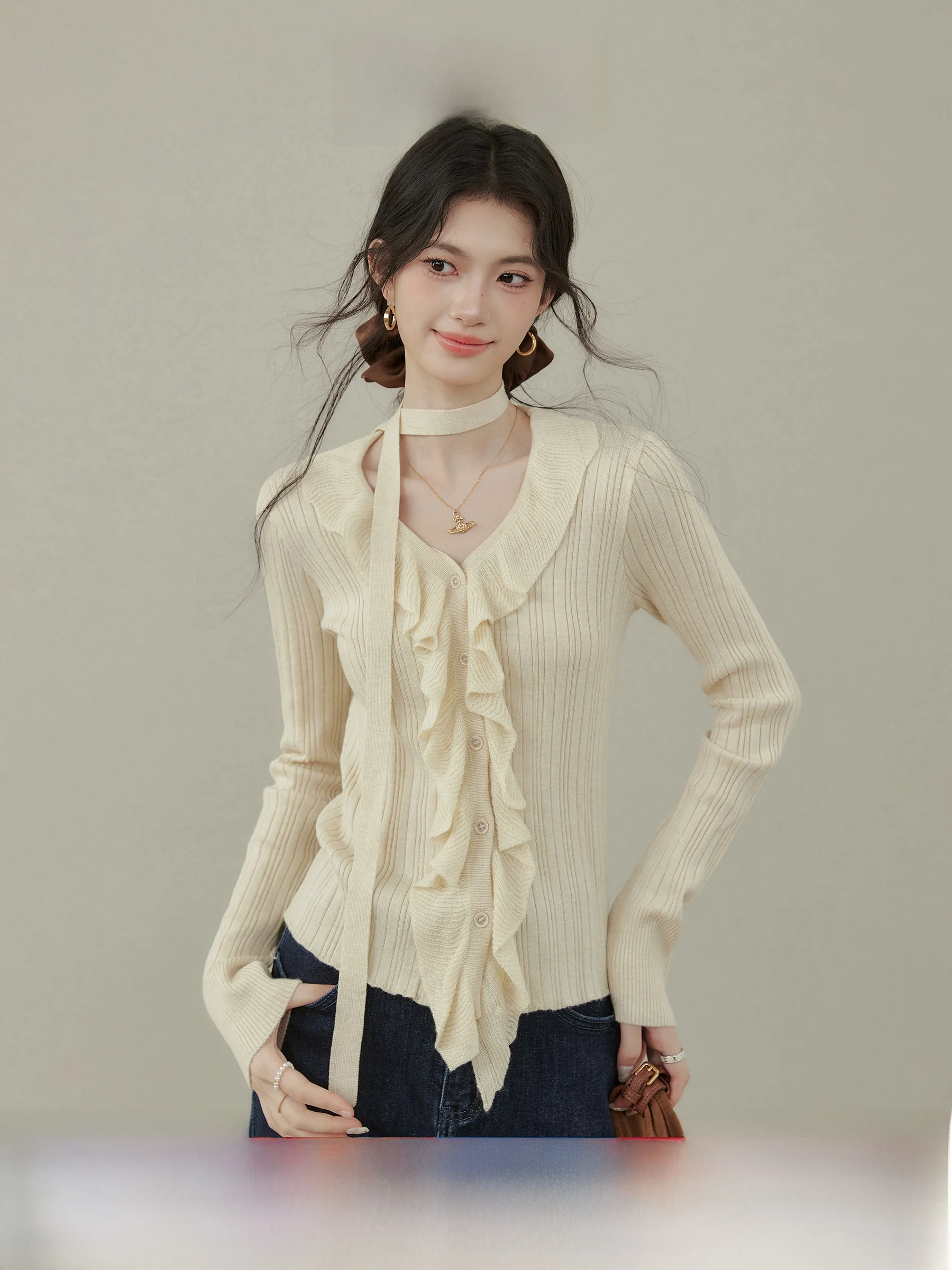 

Ele Long Sve Knitted Top with Sa Design by Wang OuXin Knot Hemline Casual Loose Sle Women's Faion