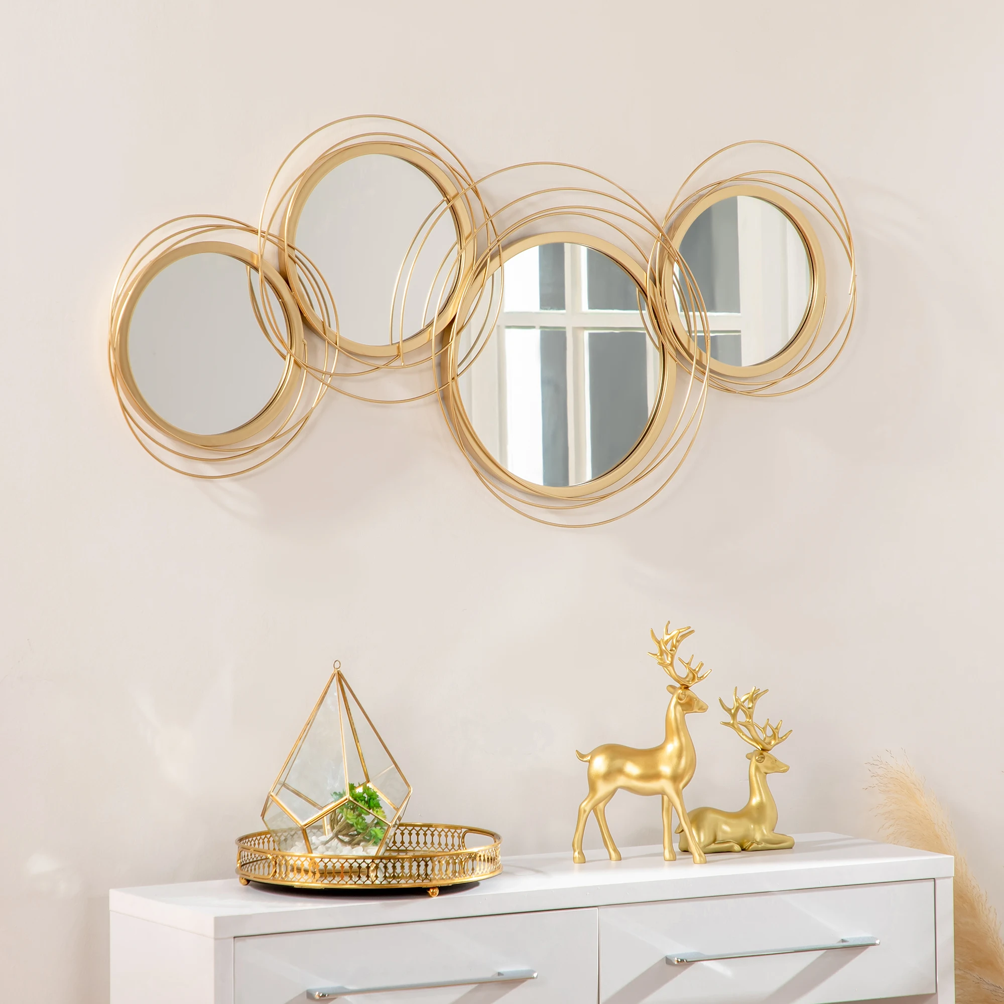 Homcom Set van 4 Ronde Spiegels in Goudkleurig Metalen Frame, 107 X 56 cm
