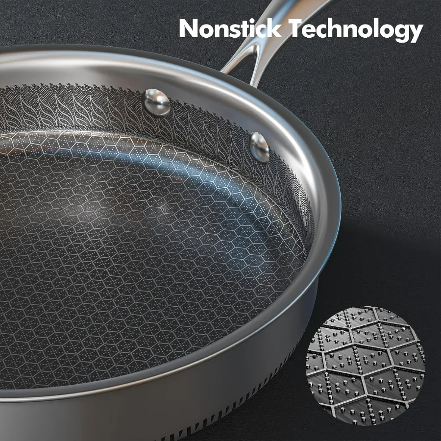 طقم أواني ومقالي من الفولاذ المقاوم للصدأ غير لاصقة هجينة، طقم أواني طهي حثي مع أغطية من الزجاج المقسى، وعاء غير لاصق ومجموعة مقلاة Su