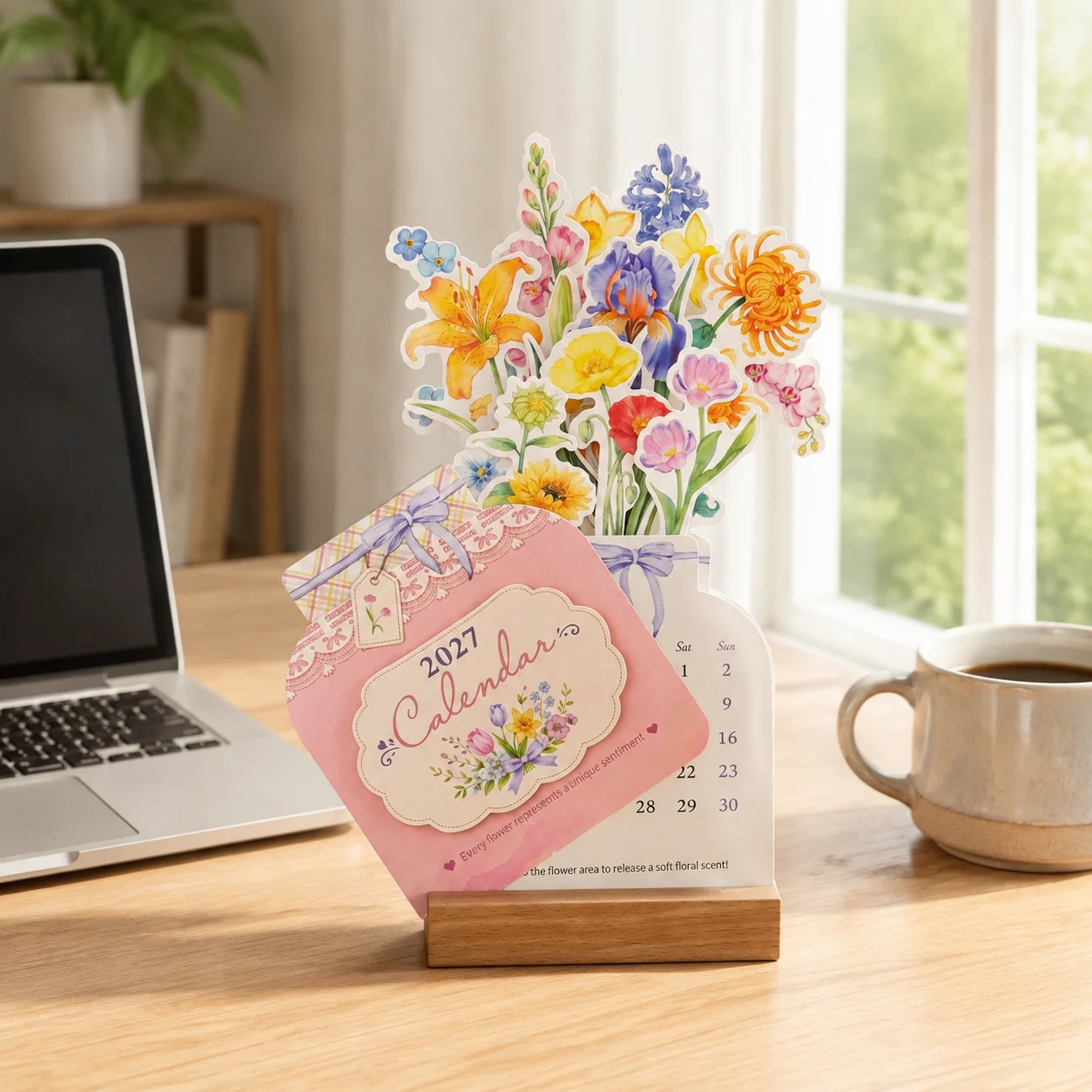 2027 Floral Desk Calendar with Solid Wood Base Unique Shaped English Planner Habit Tracker School Office Time Management Tools
