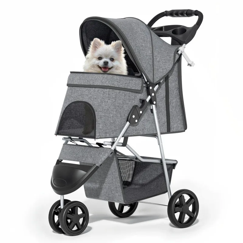 

3 Wheels Pet Stroller, Foldable Dog Cat Cage Jogger Stroller, Storage Basket and Cup Holder, Breathable and Visible Mesh, Gray