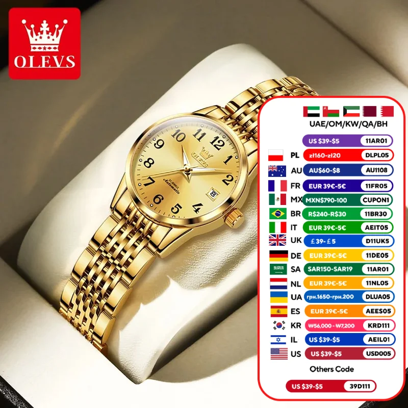 Olevs feminino relógios de ouro fácil de ler relógio mecânico automático vestido moda wathes para presentes femininos para mulher reloj para mujer