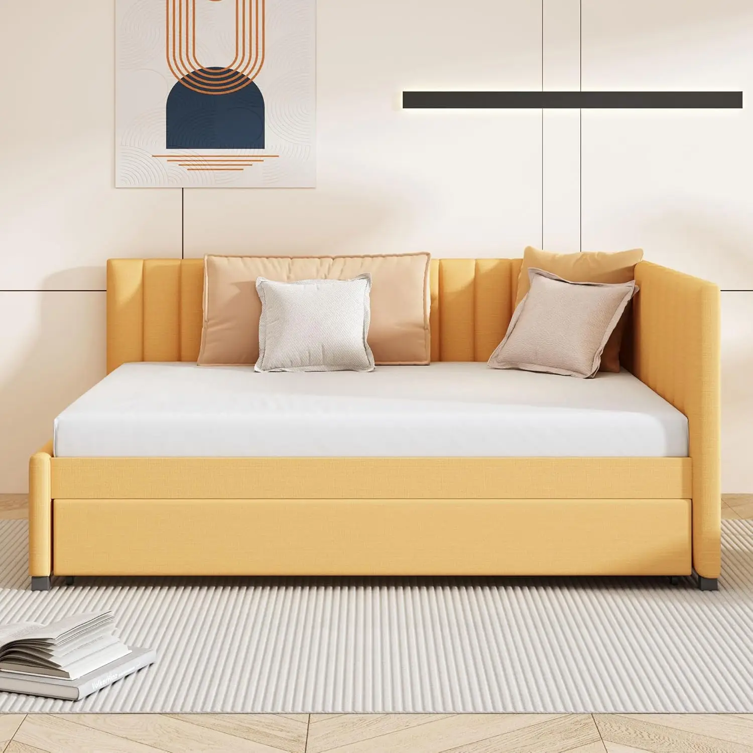 Full Size Upholstered Daybed with Trundle, Sofa Bed Frame, No Box Spring Needed, Linen Fabric (Yellow), Customized