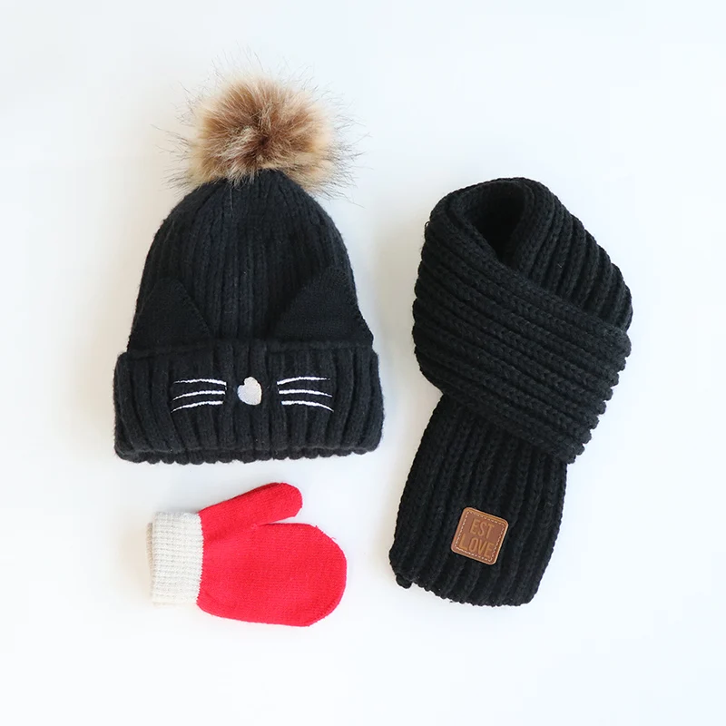 Three-piece plush children\'s hat scarf gloves autumn/winter suit boys and girls knit hat Kitty baby baby hat