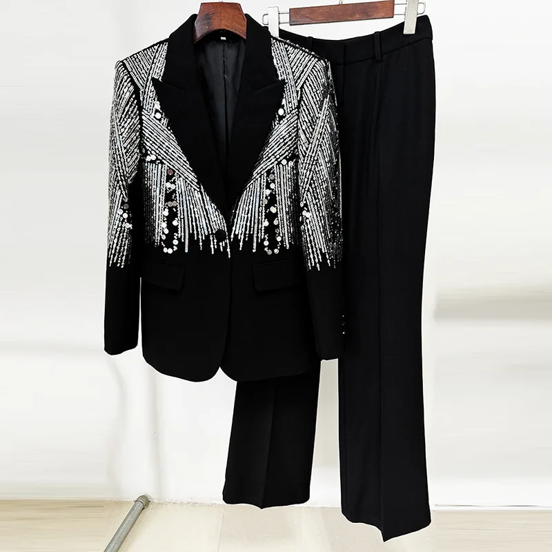 High Street Autumn  Women 2 piece Heavy Craft Sequined Single Button Elegant Fashion Blazer Solid Color Chic Pantsкостюм