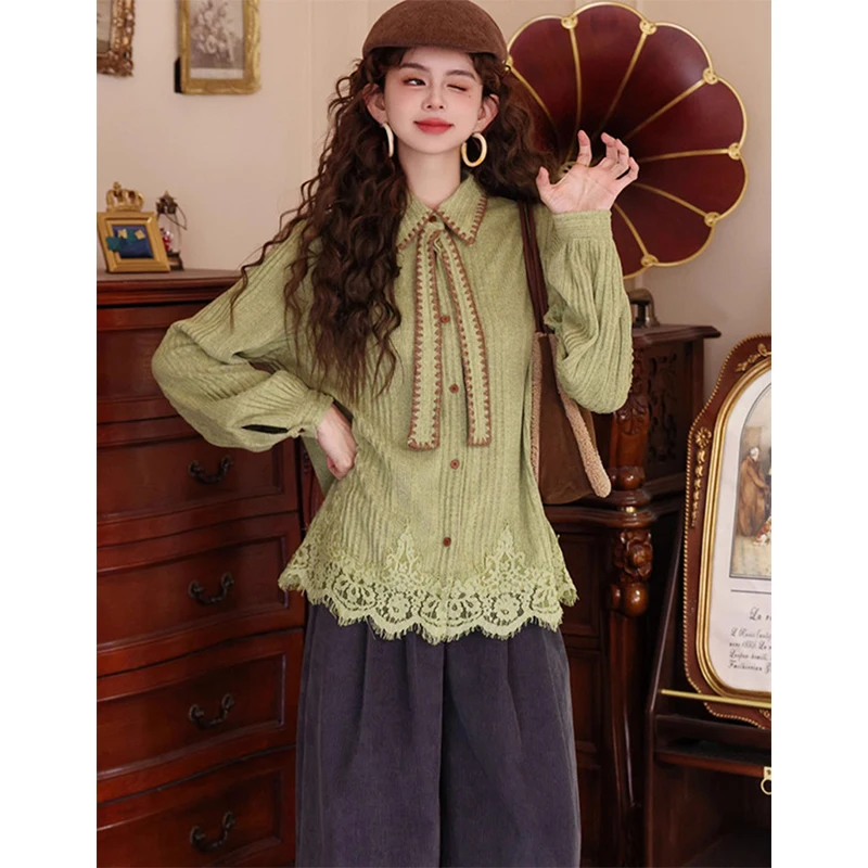 MEXZT قمصان دانتيل عتيقة للسيدات بلوزات هاراجوكو بربطة عنق مرقعة للخريف والشتاء ملابس الشارع الكورية بأكمام طويلة تصميم غير رسمي