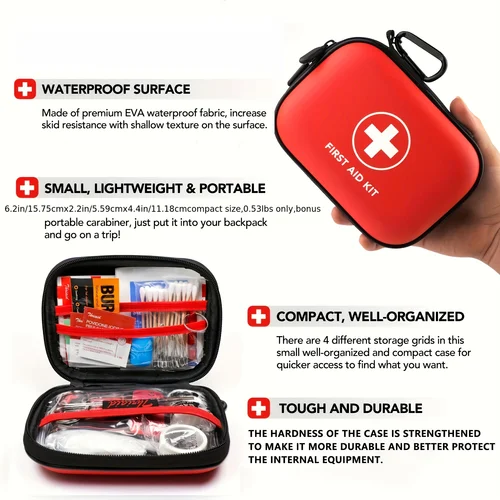 Imagen 2 del producto Botiquín de primeros auxilios completo, estuche pequeño de carcasa dura resistente al agua de 104 piezas. Perfecto para viajes, actividades al aire libre, hogar, oficina, camping, senderismo